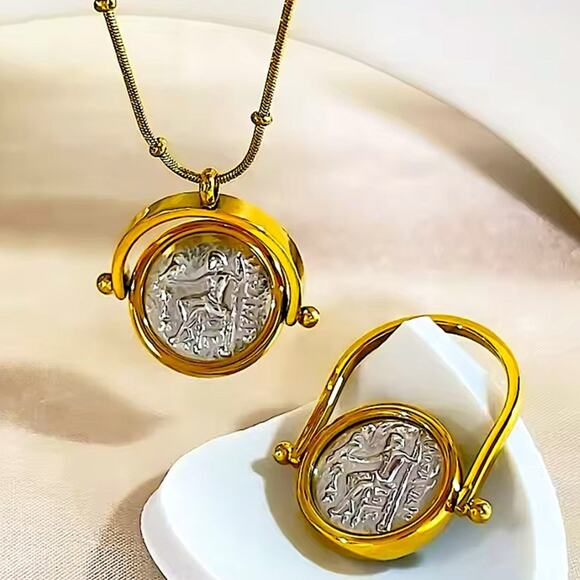 Gold Greek Roman Signet Ring Matching Necklace Set Double Sided Disc God… - Picture 1 of 14
